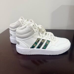 Adidas White Sneakers with Green Camo Stripes